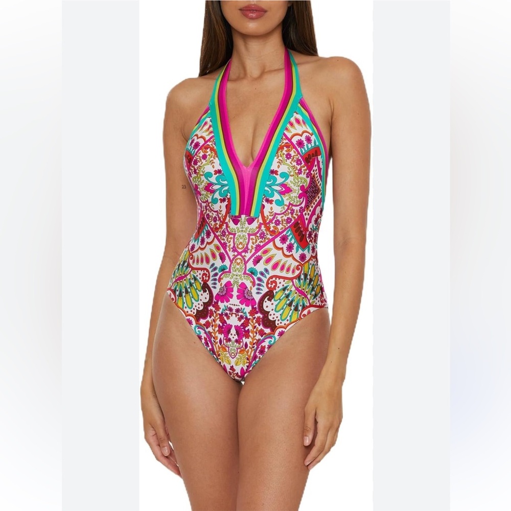 Trina Turk NWT Pink Green Hawaiian Garden Halter Plunge One Piece Swimsuit Sz 10